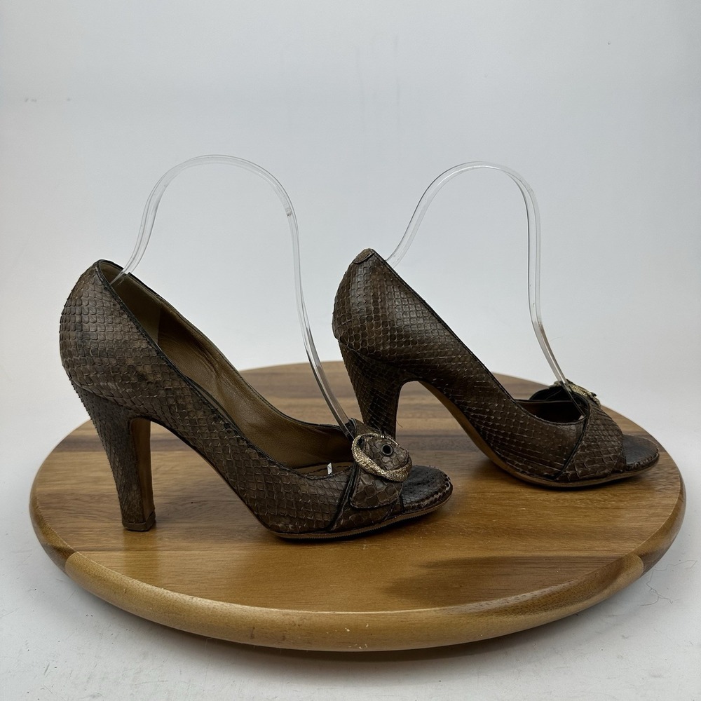 Womens L'Autre Chose Brown Snake Leather Peep Toe Buckle Pumps Heels Size EU 37